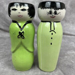 Pair Asian Porcelain Kokeshi Green Vase Japanese Boy Girl Ceramic